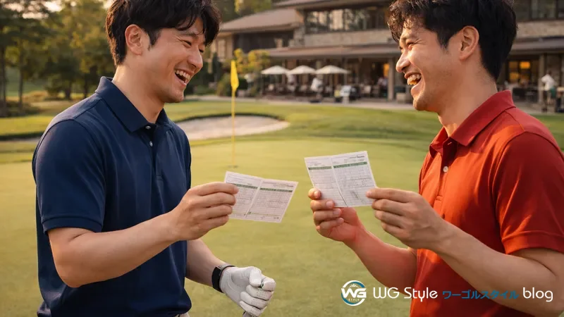 ゴルフ場でスコアカードを見せ合いながら笑い合う30代男性2人