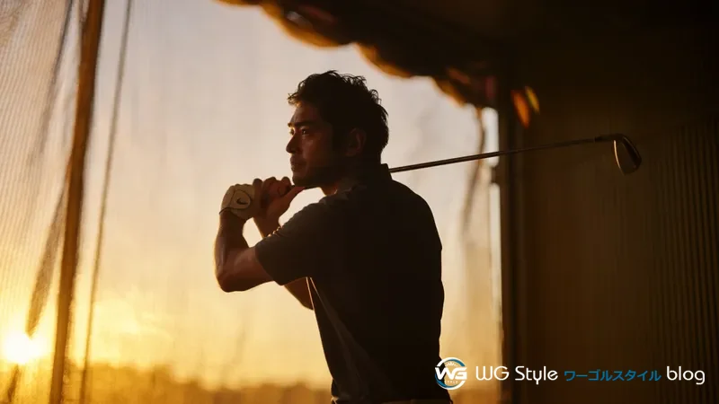 夕方の練習場で真剣に7番アイアンを構える30代男性