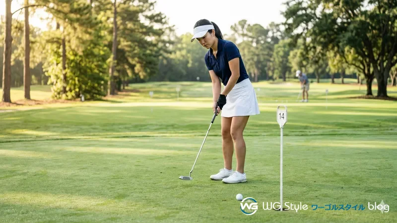 練習グリーンでショートパットを練習する30代女性