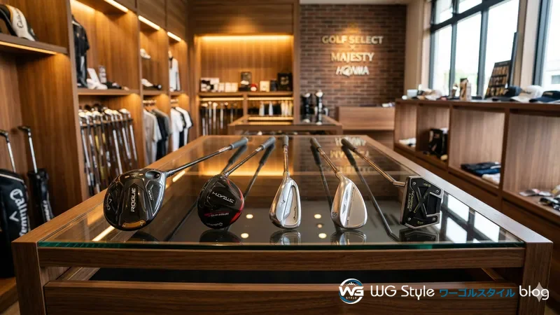 ゴルフショップの展示台にドライバー・フェアウェイウッド・アイアン・ウェッジ・パターの5本が横一列に並ぶ