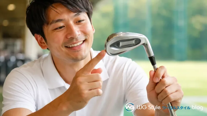 30代男性がキャビティバックアイアンのヘッド裏面を指差しながら観察している