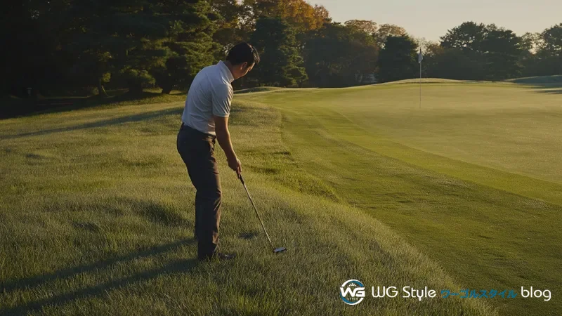 グリーンエッジでチッパーをパターのように構える30代男性、広いソールが芝に接している