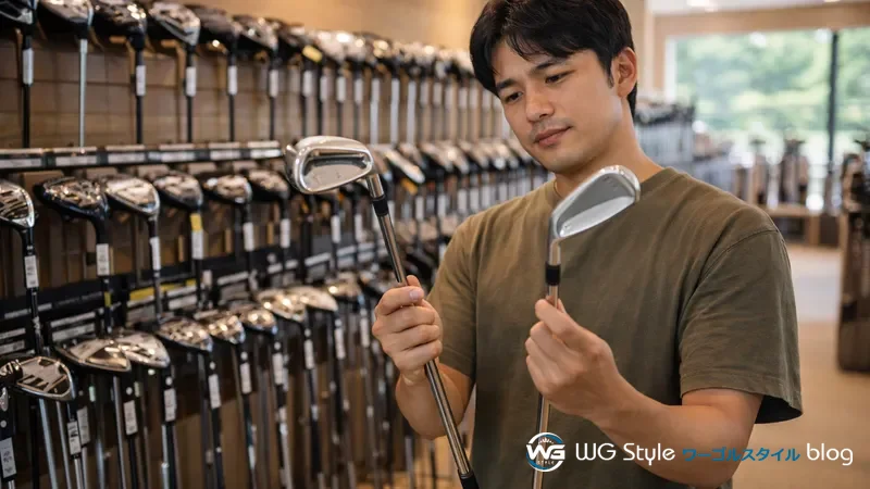 ゴルフショップで2本のクラブを手に持って重さを比較している30代男性