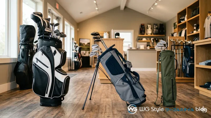 ゴルフショップに並ぶカート型・スタンド型・クラブケースの3種類のバッグ