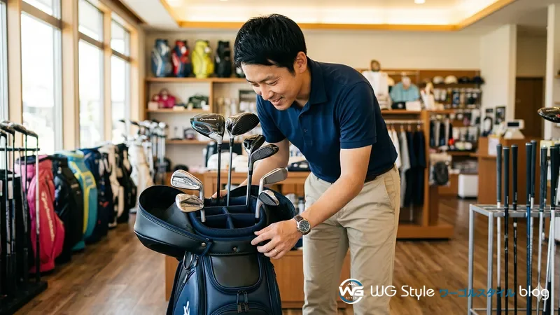 ゴルフショップでキャディバッグの口径と仕切りを確認する30代男性