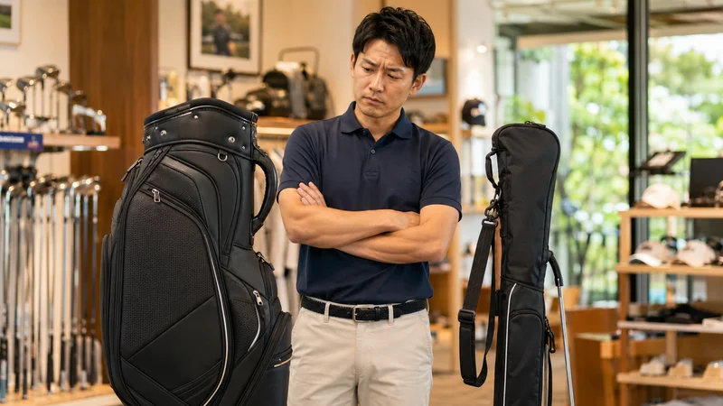 ゴルフ用品店でキャディバッグとクラブケースを見比べている男性