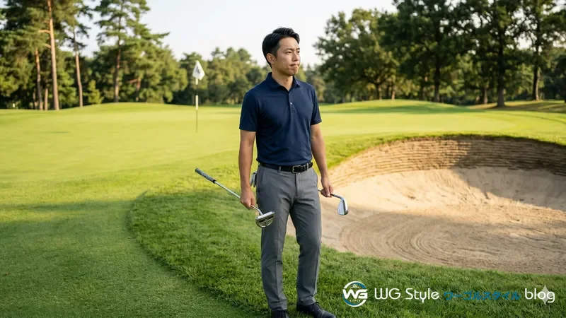グリーンエッジでチッパーとウェッジを持って選択を考える30代男性