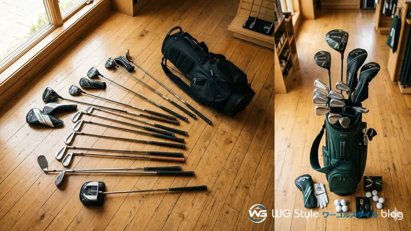 ゴルフショップの床、左側にバラバラのクラブ類が散乱し右側にセット一式がコンパクトにまとまっている