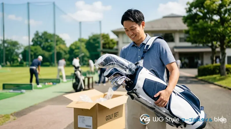 練習場の外で届いたばかりのゴルフクラブセットをバッグ付きで肩に掛けて満足げに微笑む30代男性