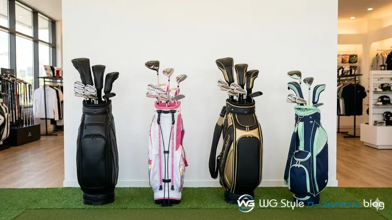 ゴルフショップに4種類のクラブセットが色違いで横一列に並ぶ展示コーナー