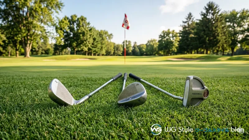 グリーン周りの芝の上にピッチングウェッジ・サンドウェッジ・パターが扇形に並びロフト角の違いが見える