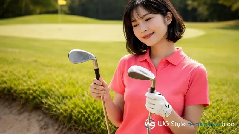 グリーン周りでウェッジとチッパーを両手に持ち比べチッパーを選んで安堵した表情の30代女性