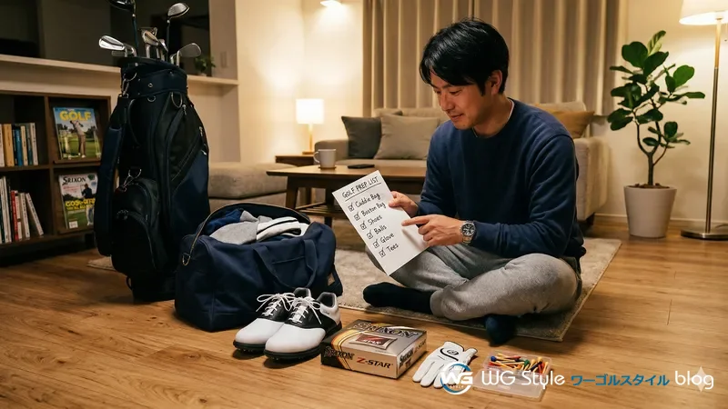 前日の夜に自宅でゴルフの持ち物を確認している30代男性