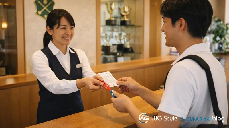 ゴルフ場のフロント受付でロッカーキーとスコアカードを受け取る30代男性