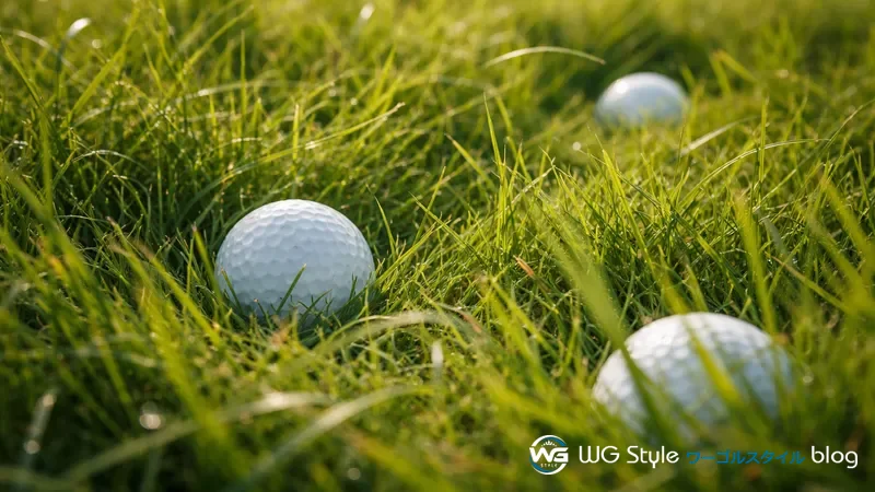 ゴルフコースのラフの深い草の中に白いゴルフボールが複数個埋もれている