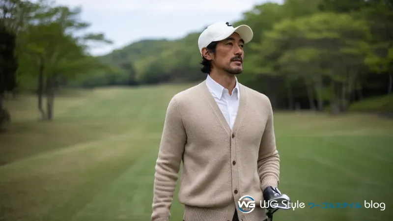 春のゴルフコースでキャップとグローブを着けカーディガンをきちんと着た30代男性ゴルファー