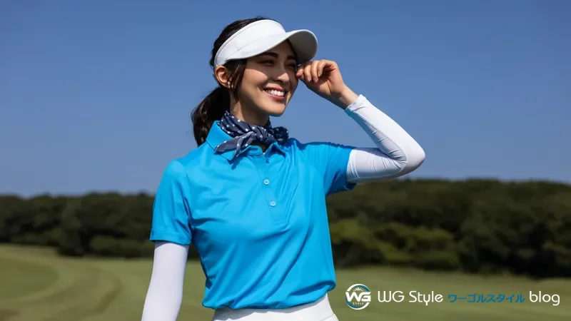 真夏のゴルフコースでサンバイザーとクールネックタイを着けた30代女性ゴルファー