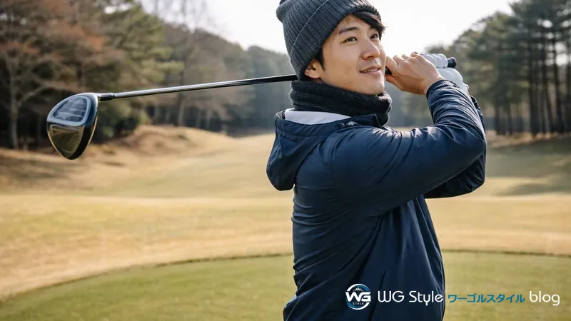 冬のゴルフコースでウインドブレーカーとニット帽の3レイヤー着こなしでスイングする30代男性