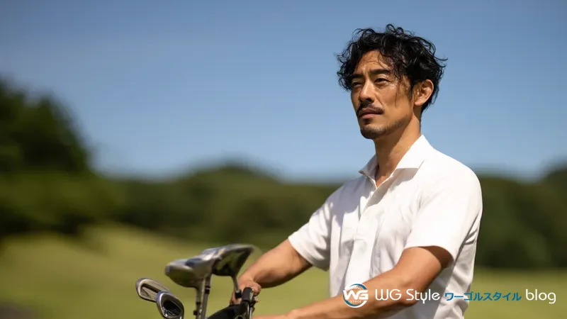 ゴルフ場のフェアウェイでキャディバッグからクラブを選ぶ初心者ゴルファー