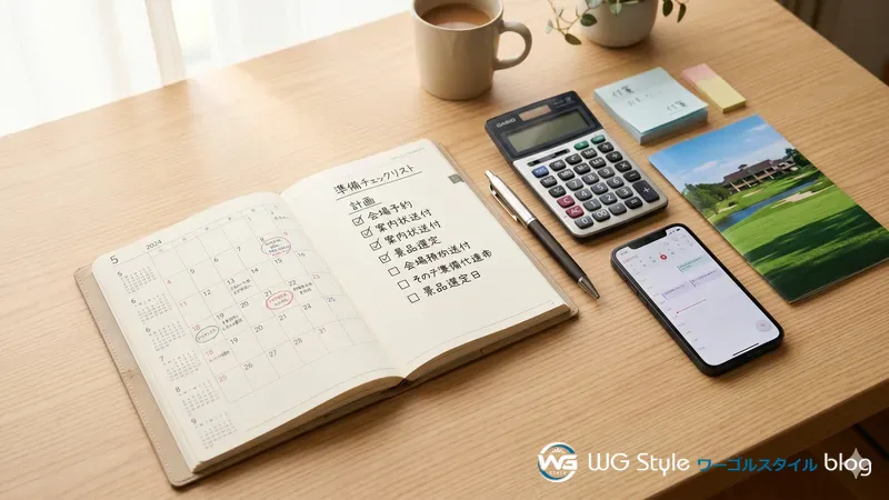 コンペ準備のための手帳・電卓・チェックリスト・ゴルフ場パンフレットが整然と並んだデスク