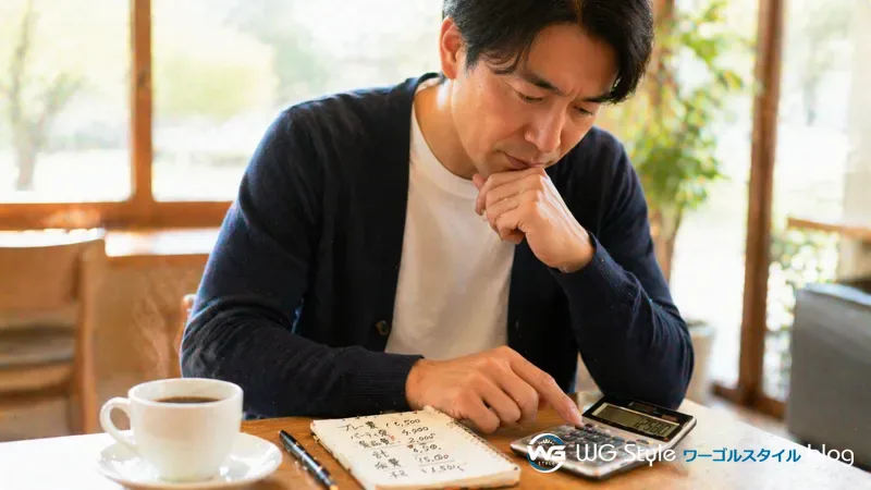 電卓とメモ帳でプレー費・パーティ費・景品費の内訳を計算しているコンペ幹事の男性