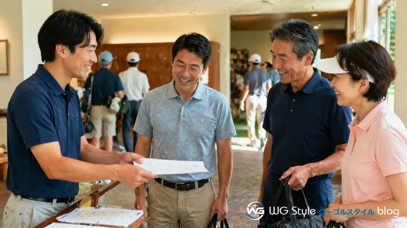 ゴルフ場クラブハウスで当日朝に参加者へスタート組を説明しているコンペ幹事
