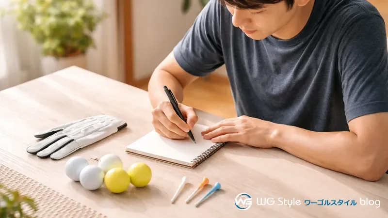 30代日本人男性がテーブルにゴルフグローブ・ボール・ティーを3グループに並べてメモを取っている