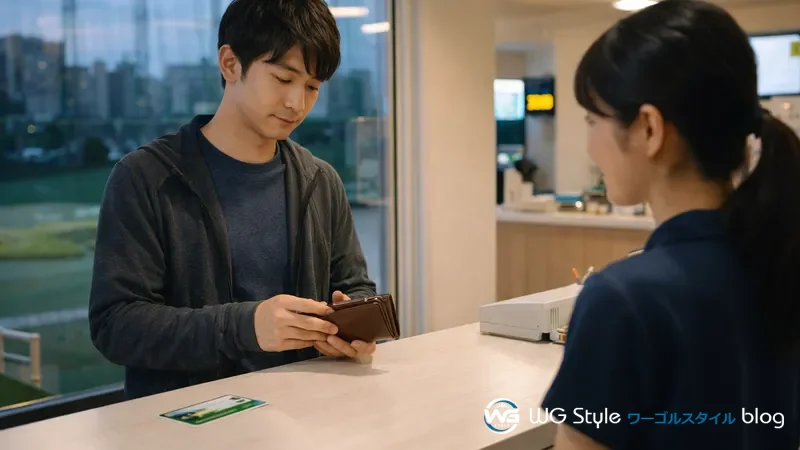 30代日本人男性がゴルフ練習場の受付で財布を取り出してプリペイドカードを購入している