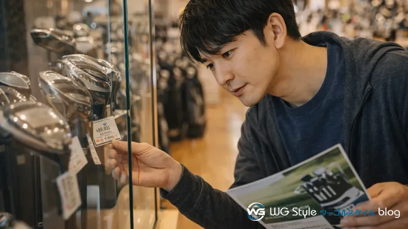 ゴルフショップで高価なクラブの価格タグを見て困惑している30代日本人男性