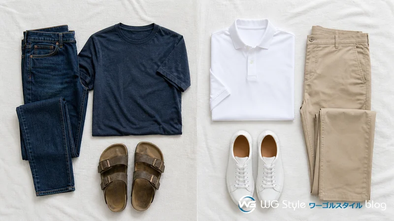クラブハウスNGの服装（ジーンズ・Tシャツ・サンダル）と代替アイテム（チノパン・ポロシャツ・スニーカー）の対比フラットレイ
