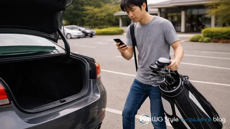 Tシャツとジーンズ姿で駐車場に立つ30代男性がスマートフォンを見ながら服装の不備に気づいている