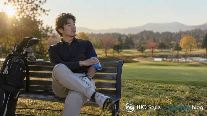 ラウンド後にベンチで肘を冷やしながら休憩する日本人ゴルファー