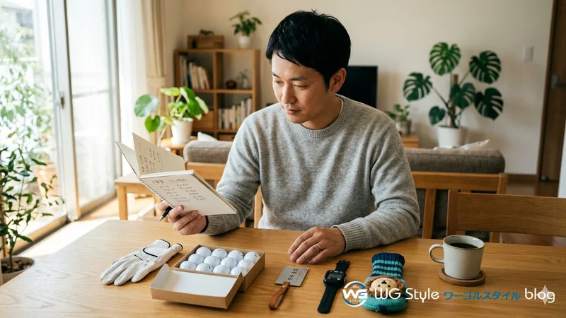 日本人男性がリビングでグローブ・ボール・ヘッドカバーなどゴルフ用品を見ながら予算プランを検討するシーン