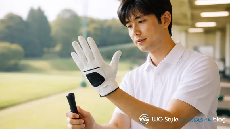 30代日本人男性がゴルフ打席でグローブをつけた左手を広げてグリップ感を確認している