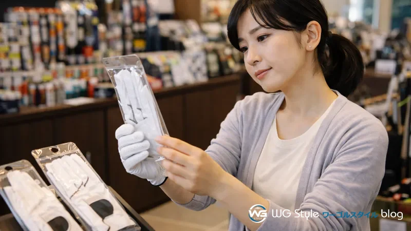 30代日本人女性がゴルフショップで片手グローブを試着しながら両手用グローブと比べている