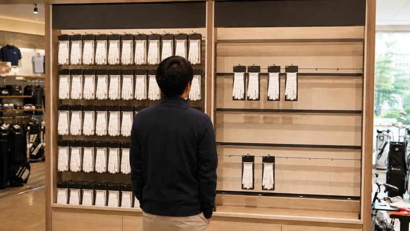 ゴルフショップに並ぶ左手用と右手用のグローブ（品揃えの違い）