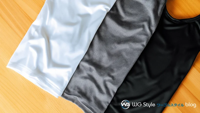 接触冷感・吸汗速乾・UVカットの3種類の夏ゴルフ用インナーを並べて比較している様子