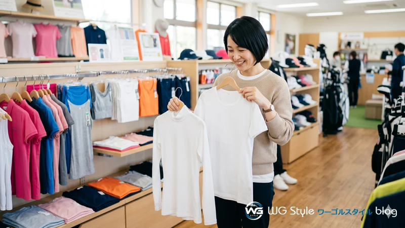 ゴルフショップで半袖インナーと長袖インナーを見比べて選んでいる女性
