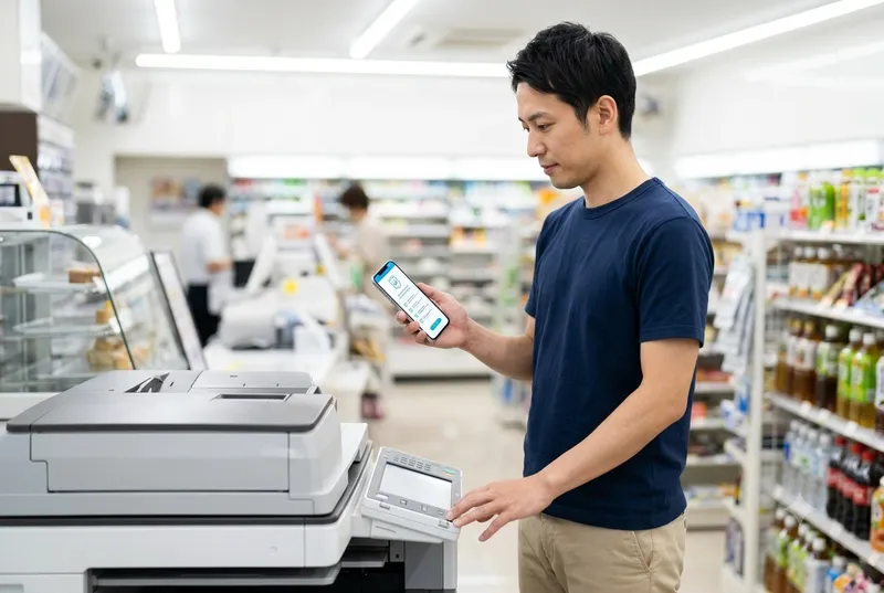 コンビニの端末でスマートフォンを操作して保険手続きをする男性