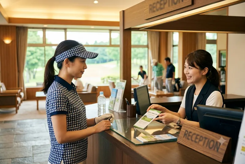 ゴルフ場のフロントで受付スタッフに対応してもらう女性ゴルファー