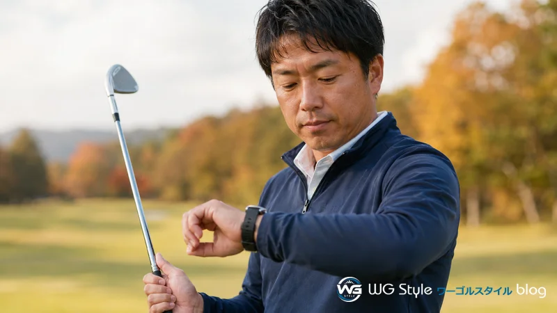 クラブを持ちながら腕時計で経過時間を確認する日本人男性ゴルファー