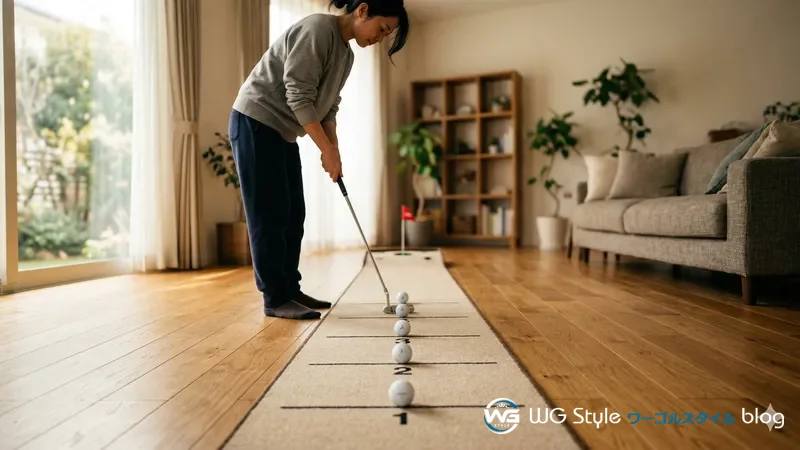 自宅のフローリングにパターマットを敷いてラダードリルをする30代女性