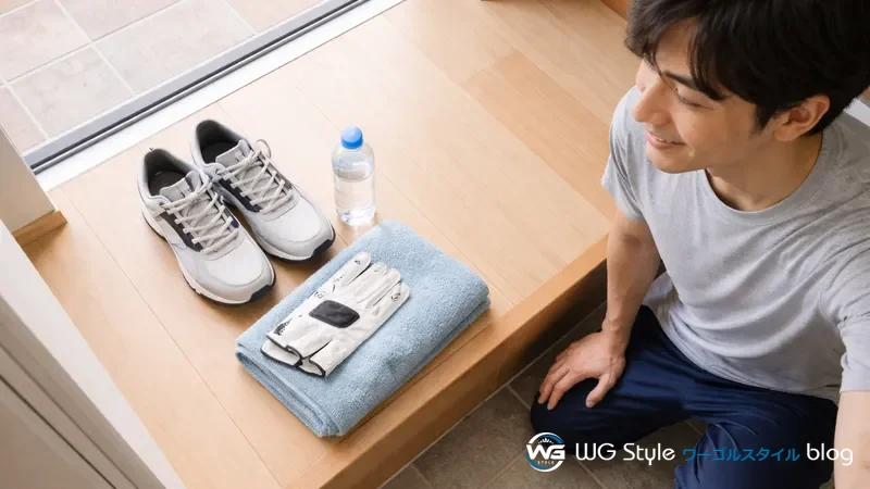 30代日本人男性が玄関でグローブ・スニーカー・タオル・飲み物という最小限の持ち物を確認している