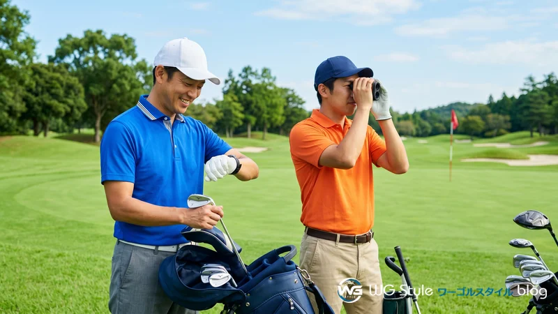 腕時計型GPS距離計とレーザー距離計を使う2人のゴルファー。それぞれの測り方の違いを体験している場面