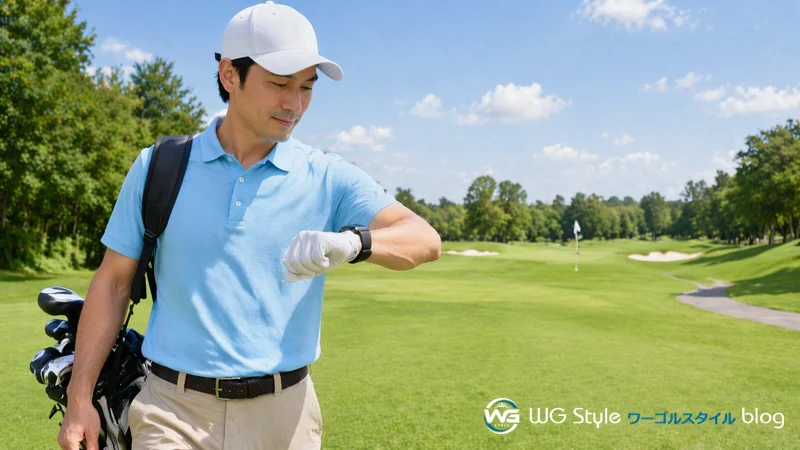 腕時計型GPS距離計を手元で確認しながらコースを歩くゴルファー。操作が簡単で歩きながらでも距離がわかる