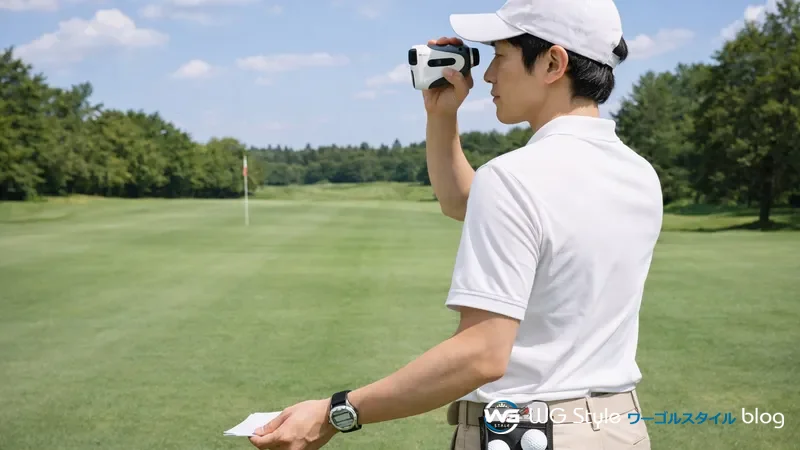 30代日本人男性がゴルフコースでレーザー距離計を使いボールポーチとスコアカウンターも装備している