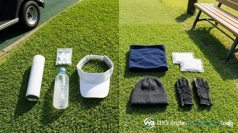 夏のゴルフ熱中症対策グッズと冬の防寒グッズを左右に対比して並べたフラットレイ写真