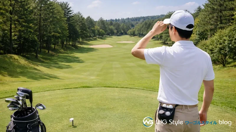 30代日本人男性がパー3のティーグラウンドからグリーンまでの距離を目で測っている