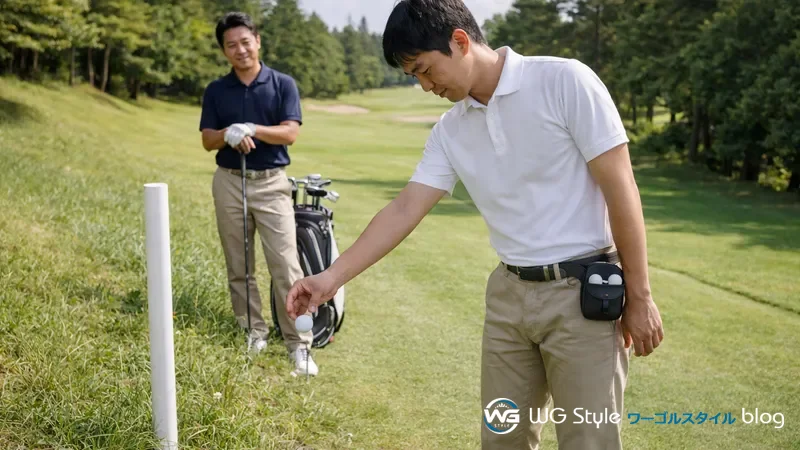 30代日本人男性がOBポール近くで打ち直しのボールをドロップしている