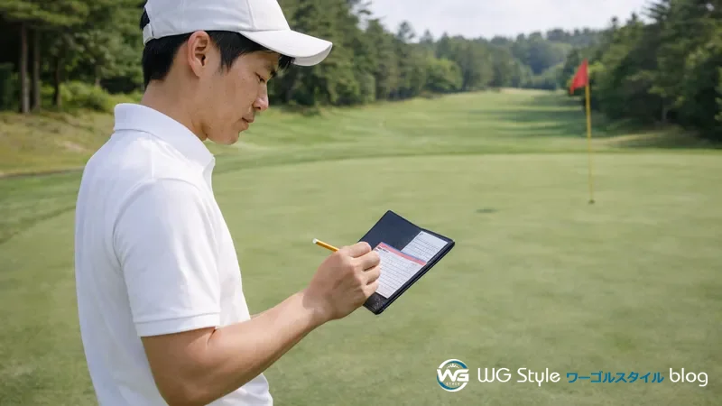 30代日本人男性がホールアウト直後にグリーンを離れながらスコアカードに打数を記入している